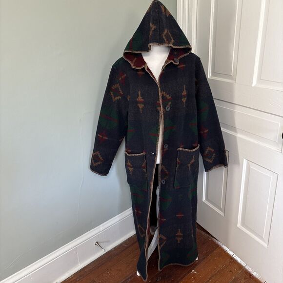 VTG Woolrich Navajo Aztec Long Trench Coat Duster Reversible Wool Medium - Picture 5 of 6